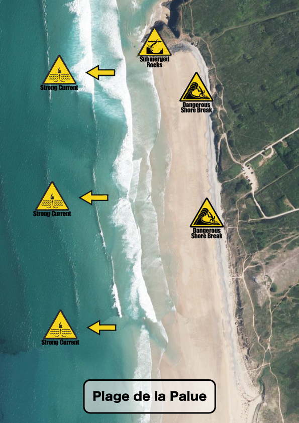 Carte des dangers du spot de surf de la Palue à Crozon.